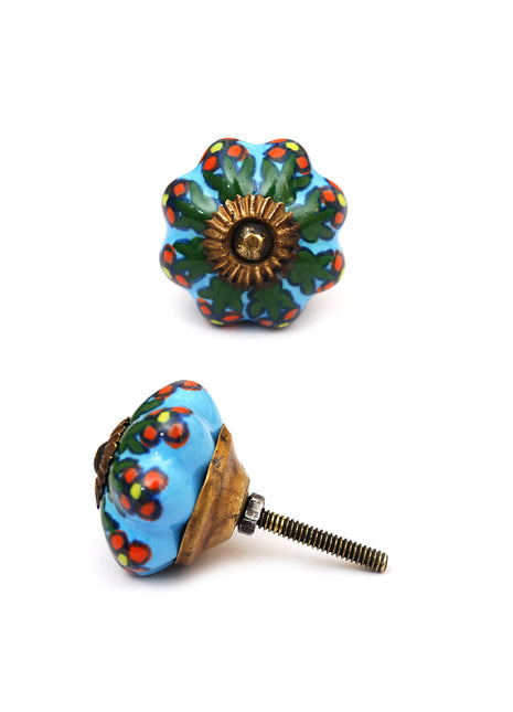 Turquoise Flower Shaped Ceramic Door Knob With Multicolor Print