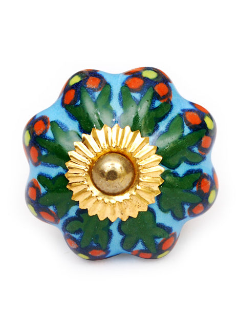 Turquoise Flower Shaped Ceramic Door Knob With Multicolor Print