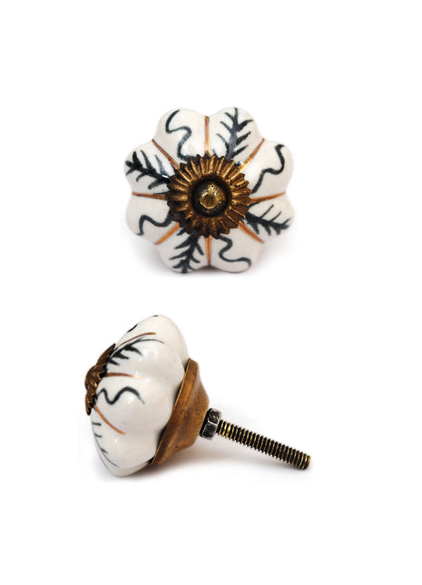 White Ceramic Cabinet Knob with Black and Golden Design
