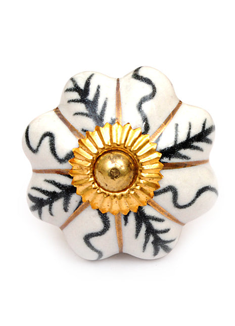 White Ceramic Cabinet Knob with Black and Golden Design