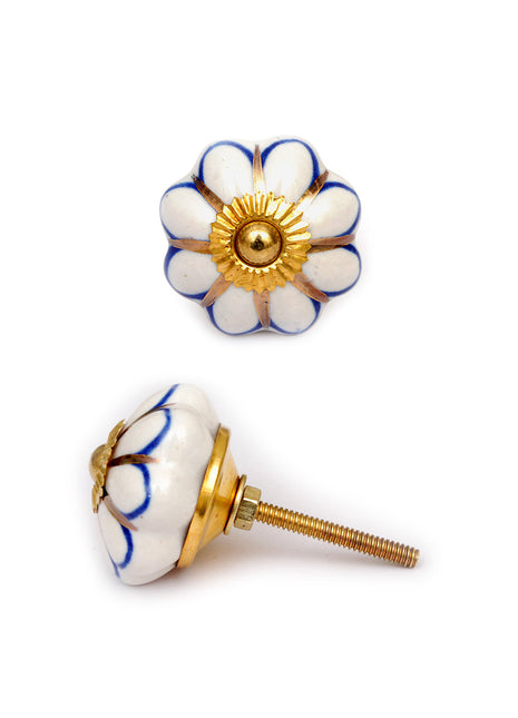 Elegant White Kitchen Cabinet Knob With Blue And Golden Design