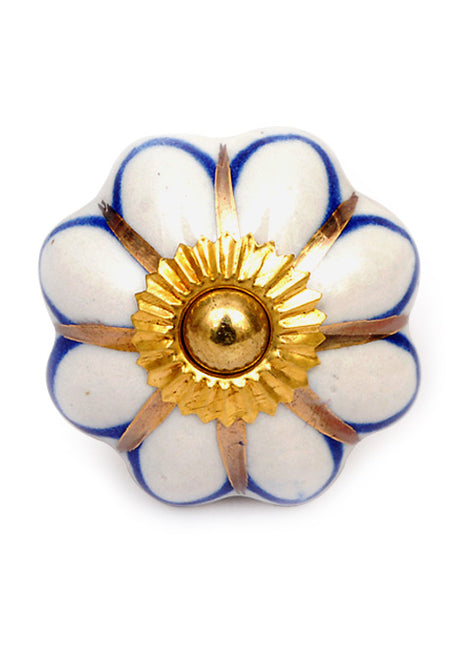 Elegant White Kitchen Cabinet Knob With Blue And Golden Design