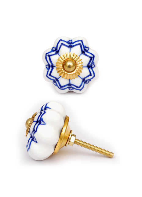 Stylish White Ceramic Drawer Knob With Blue Design