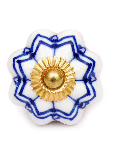 Stylish White Ceramic Drawer Knob With Blue Design