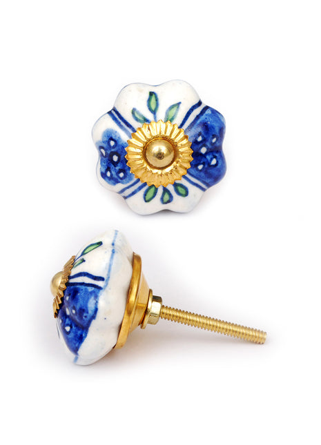 Elegant White Base Ceramic Cabinet Knob With Blue Design