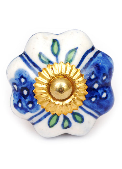 Elegant White Base Ceramic Cabinet Knob With Blue Design