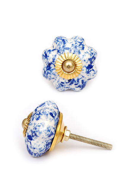 Flower Shaped Blue And White Textured Handmade Cabinet Knob