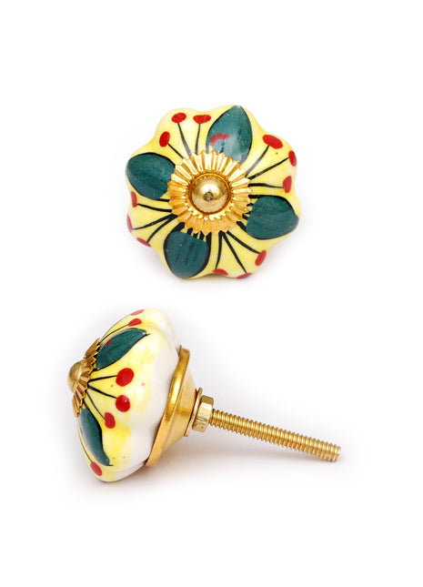 Yellow Ceramic Floral Dresser Cabinet Knob With Green Leaves