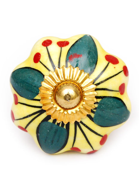 Yellow Ceramic Floral Dresser Cabinet Knob With Green Leaves