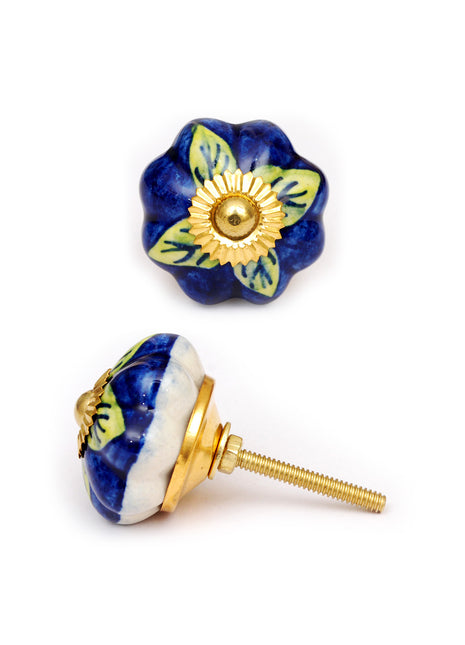 Green Leaves on a Blue Ceramic Cabinet Knob