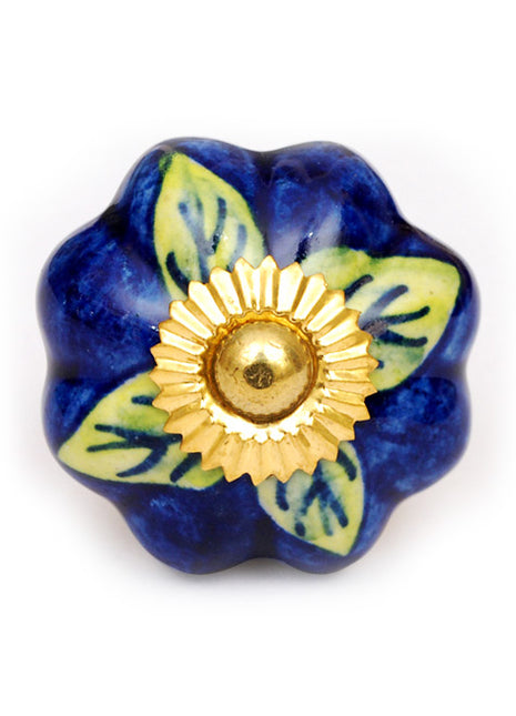 Green Leaves on a Blue Ceramic Cabinet Knob