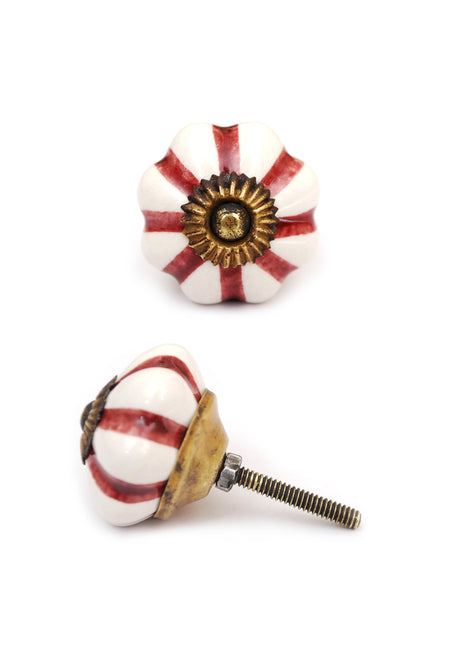 Handmade White Floral Kitchen Cabinet Knob With Red Print