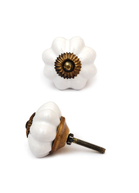 Solid Flower Shaped White Handmade Ceramic Cabinet Knob