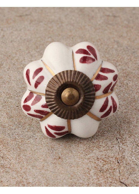 White Floral Designer Cabinet Knob With Red Print