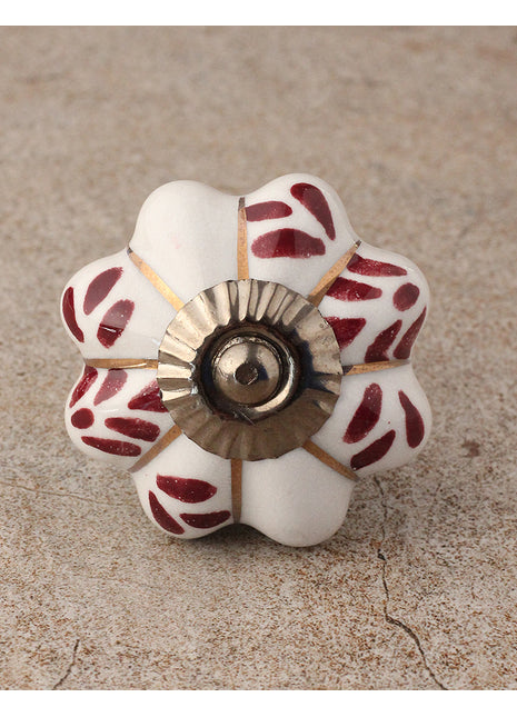 White Floral Designer Cabinet Knob With Red Print