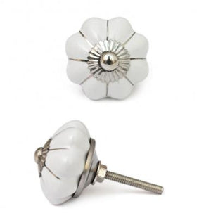 White Flower Shaped with Silver Lines Ceramic Knob