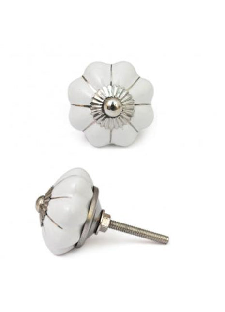 White Flower Shaped with Silver Lines Ceramic Knob