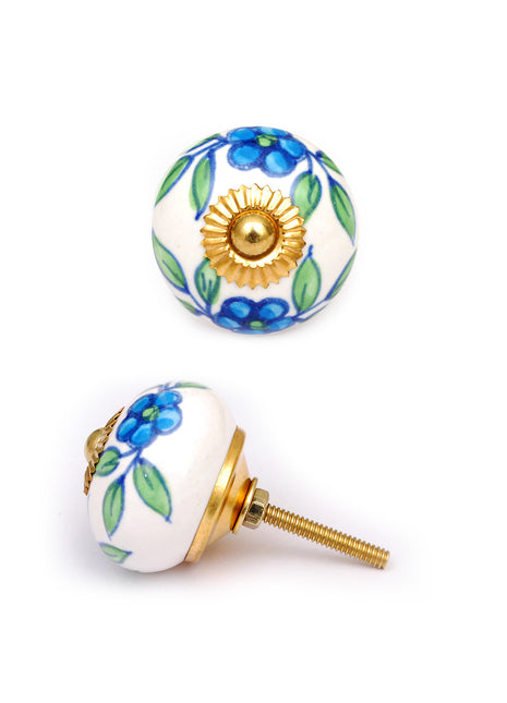 Beautiful Turquoise Flowers On White Ceramic Drawer Knob
