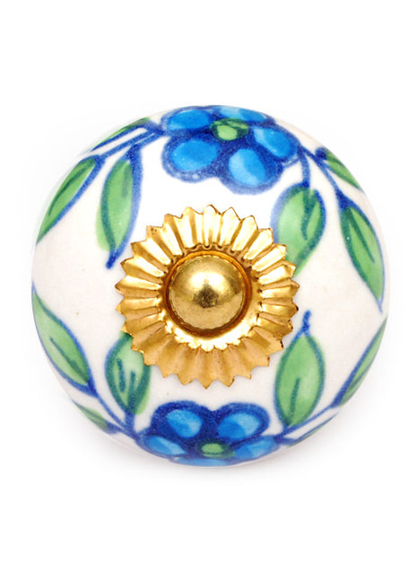 Beautiful Turquoise Flowers On White Ceramic Drawer Knob