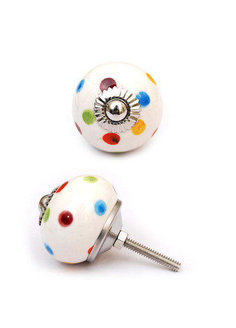 White Round Cabinet Knob With Multicolor Polka Dots