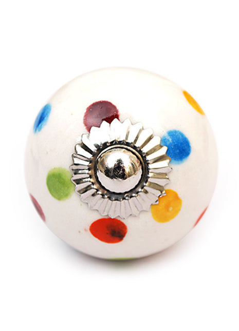 White Round Cabinet Knob With Multicolor Polka Dots