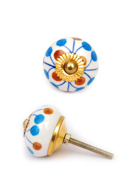 White Base Knob With Turquoise And Brown Dots