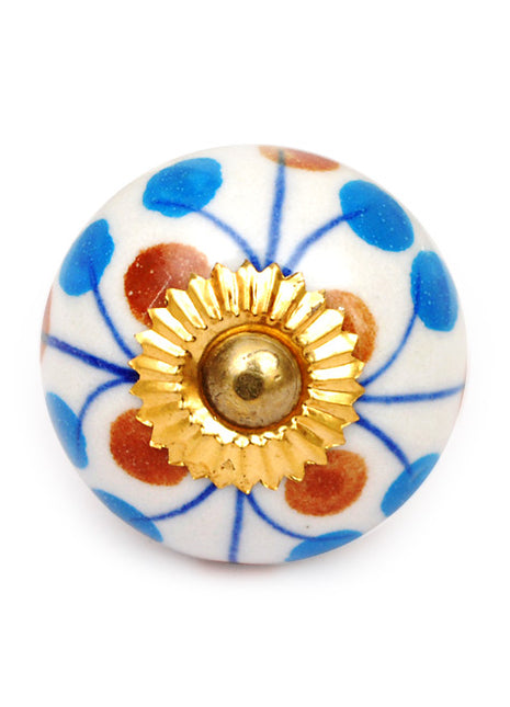 White Base Knob With Turquoise And Brown Dots