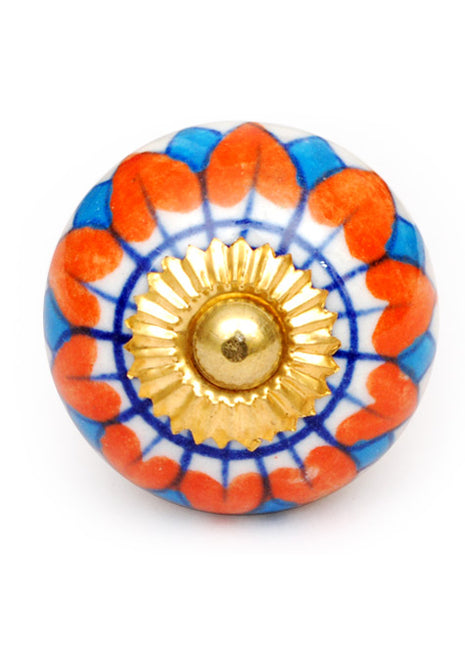 Orange And Turquoise Flower Print Ceramic Dresser Cabinet Knob