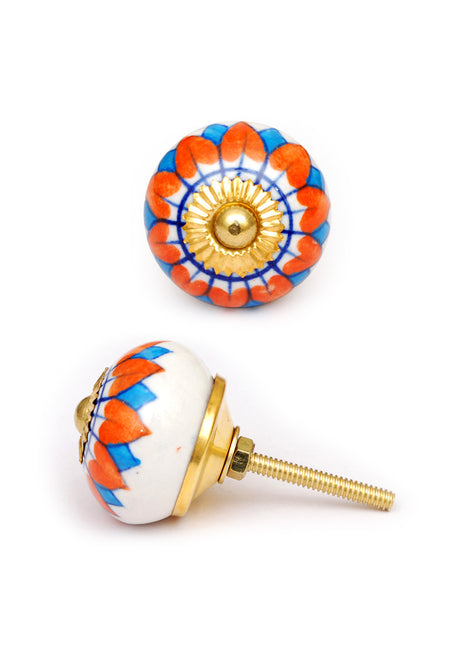 Orange And Turquoise Flower Print Ceramic Dresser Cabinet Knob