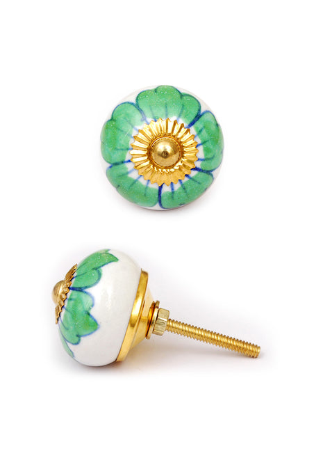 White Ceramic Door Knob with Green flower