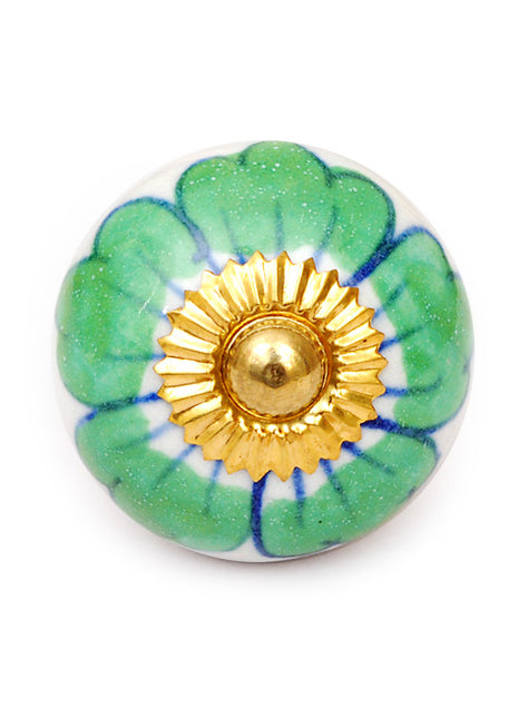 White Ceramic Door Knob with Green flower