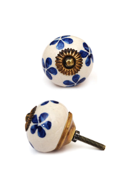 White Ceramic Kitchen Cabinet Knob With Blue Flowers