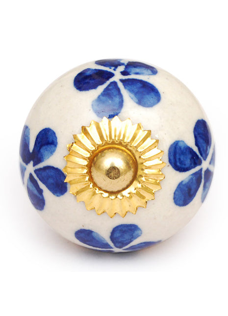 White Ceramic Kitchen Cabinet Knob With Blue Flowers