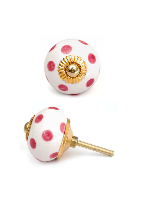 White Knob With Beautifully Hand Painted Pink Polka Dots