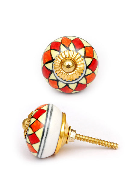 Round Kitchen Cabinet Knob With Red And Lime Green Print