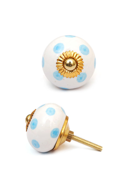 White Round Cabinet Drawer Knob With Turquoise Polka Dots