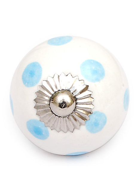 White Round Cabinet Drawer Knob With Turquoise Polka Dots