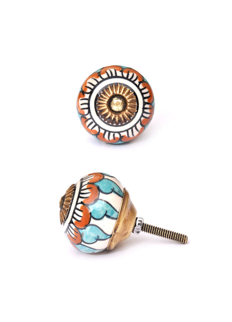White Ceramic Knob With Turquoise And Brown flowers