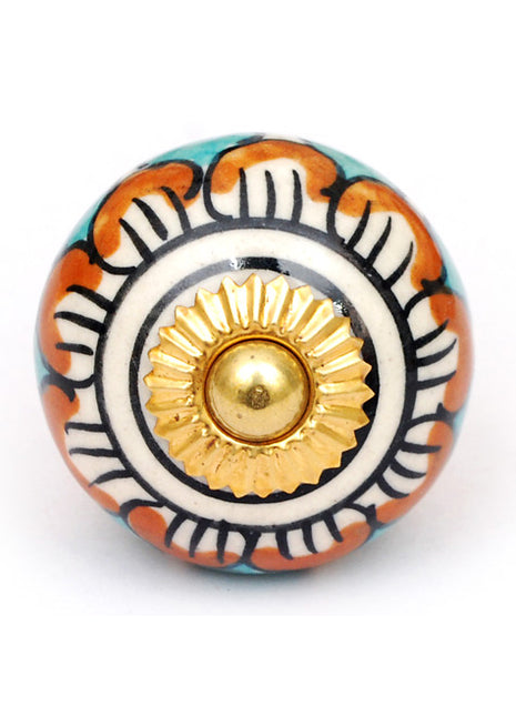 White Ceramic Knob With Turquoise And Brown flowers