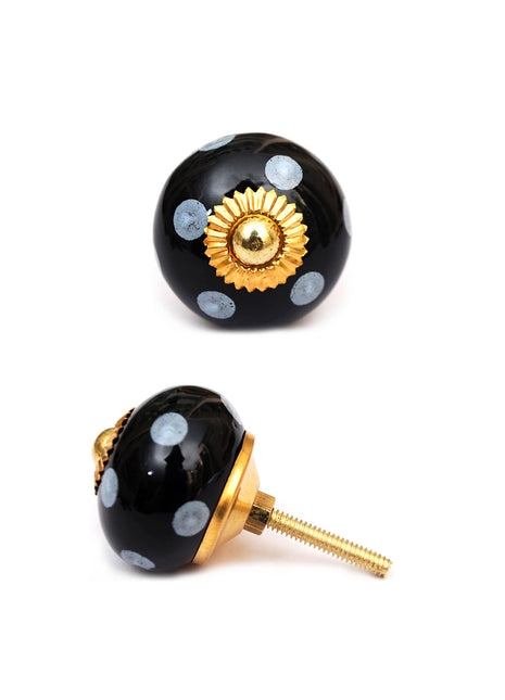 Black Round Ceramic Drawer Knob With White Polka Dots