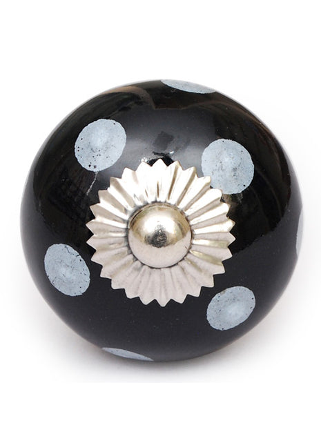 Black Round Ceramic Drawer Knob With White Polka Dots
