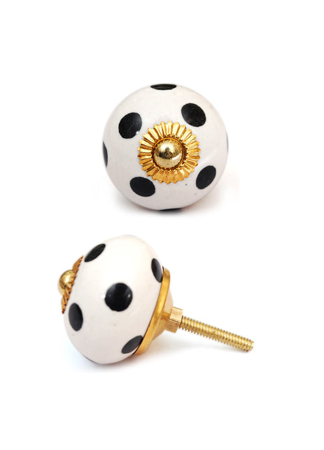 Round Ceramic White Door Knob With Black Polka Dots