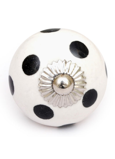 Round Ceramic White Door Knob With Black Polka Dots
