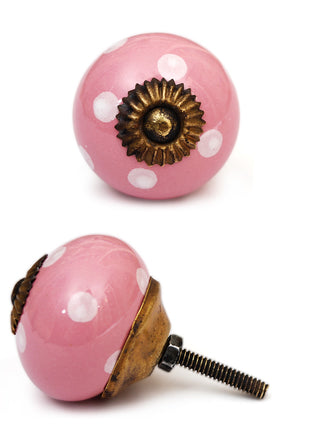 Pink Round Ceramic Door Knob With White Polka Dots