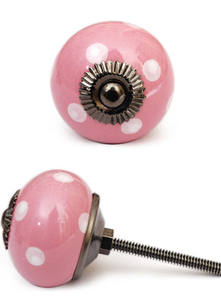 Pink Round Ceramic Door Knob With White Polka Dots