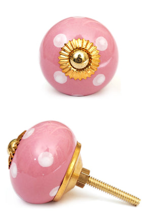 Pink Round Ceramic Door Knob With White Polka Dots