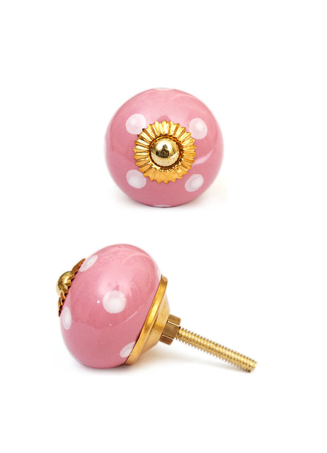 Pink Round Ceramic Door Knob With White Polka Dots