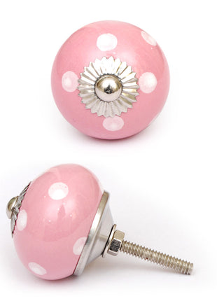 Pink Round Ceramic Door Knob With White Polka Dots