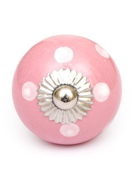 Pink Round Ceramic Door Knob With White Polka Dots