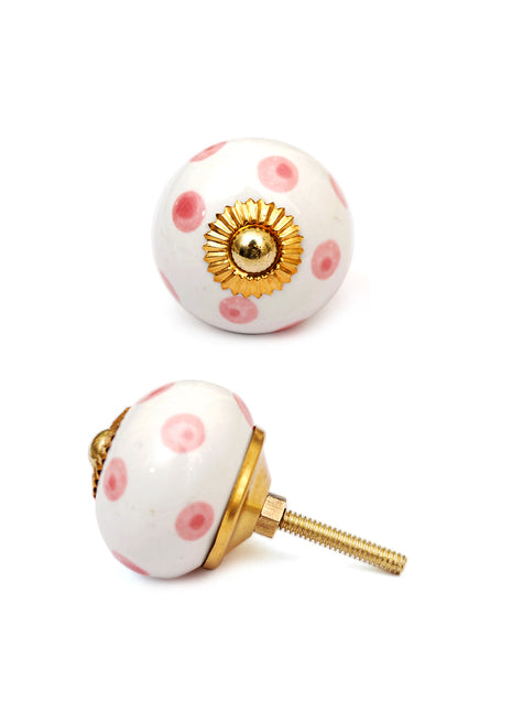 White Round Ceramic Drawer Knob With Pink Polka Dots